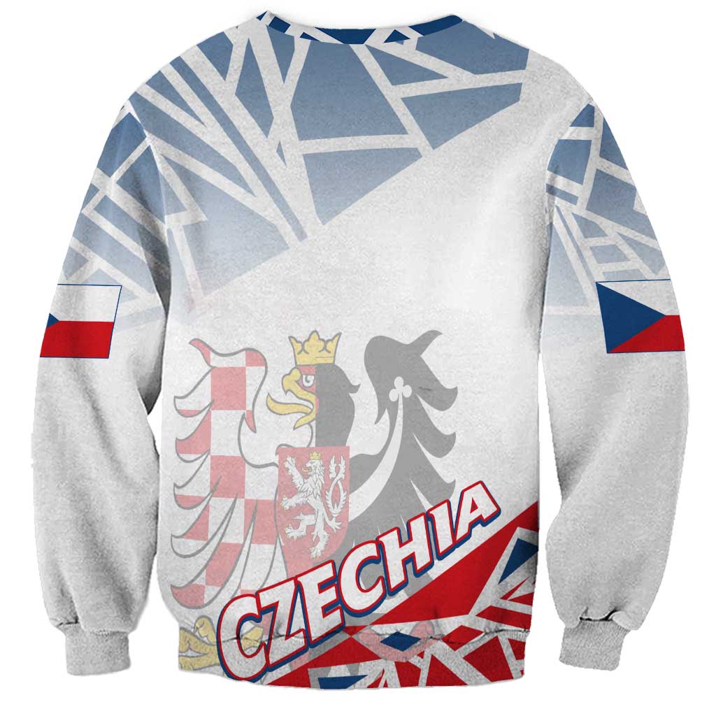 Unisex sweatshirt with blue-white graphic, Czechia lettering, and sleeve flag accents
