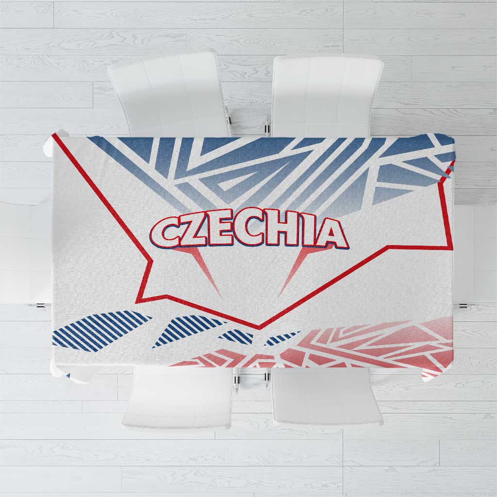 Blue, red and white Czechia style tablecloth with CZECHIA text and geometric print