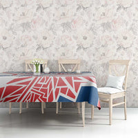 Blue, red and white geometric Czechia-style tablecloth on a dining set in a room