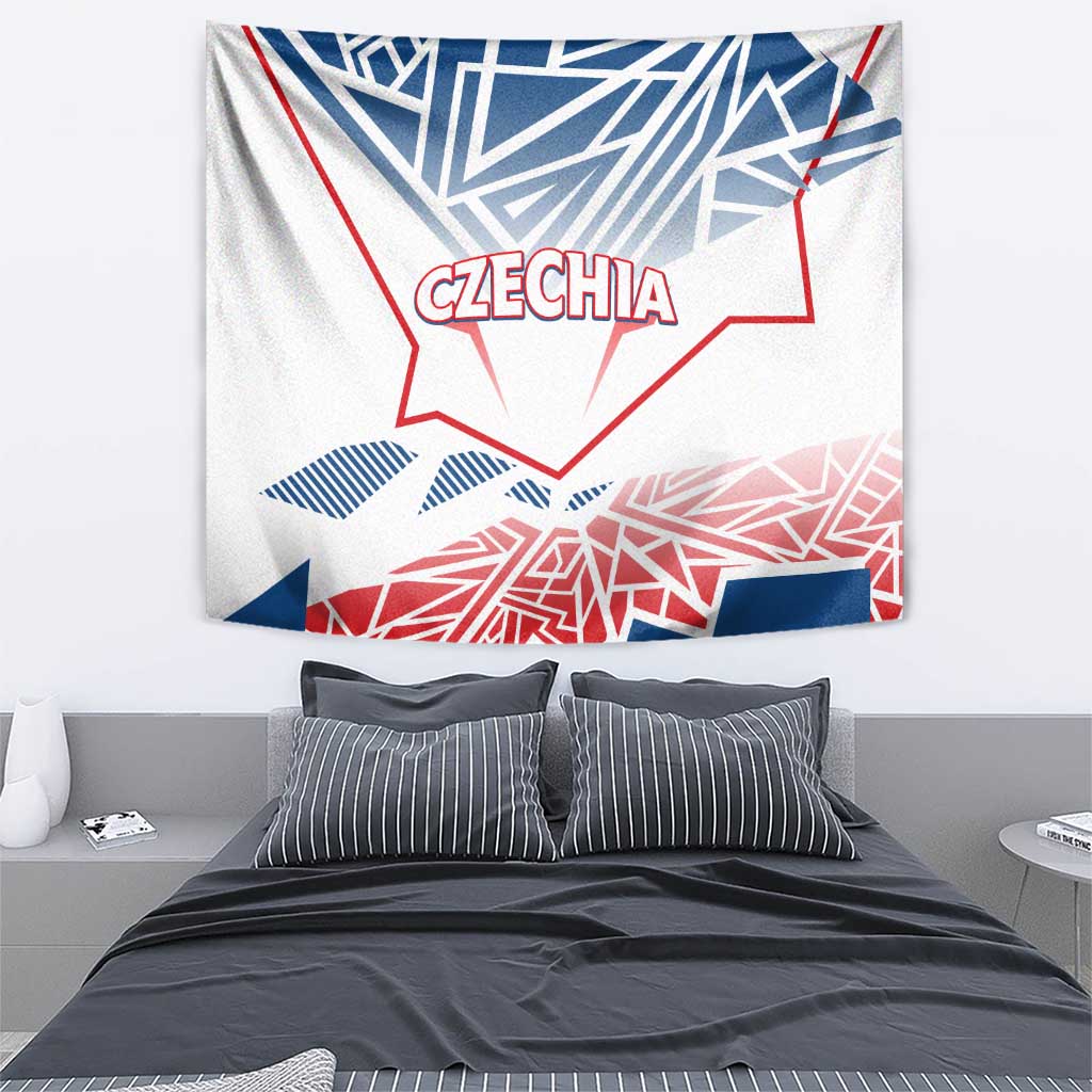Czechia wall tapestry in white with blue geometric stripes, red patterns, and 'CZECHIA' title