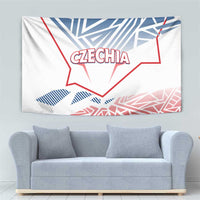 White Czechia tapestry with red map outline, blue accents, and 'CZECHIA' lettering
