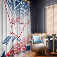 White window curtain with 'CZECHIA' lettering, blue diagonal shapes, and red line accents