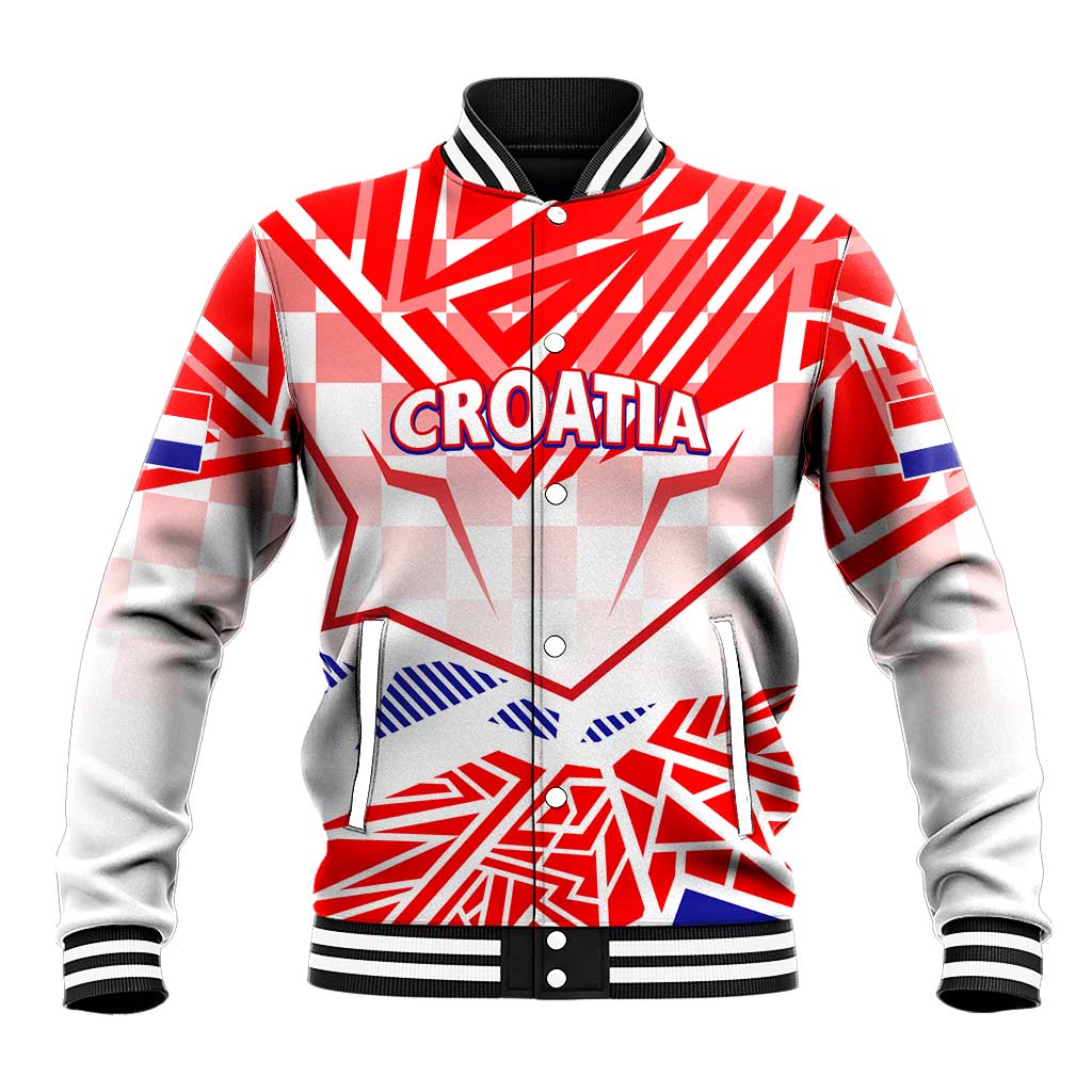 Red, gray and black baseball jacket with Croatia text, button front, ribbed cuffs