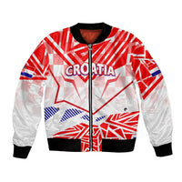 Red, white and blue graphic zip-up bomber jacket with black ribbed collar and cuffs
