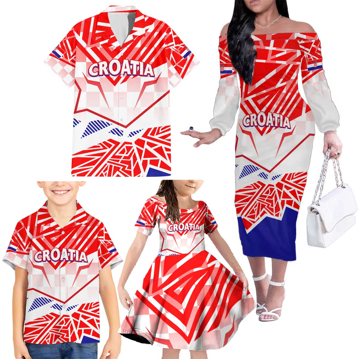 Forever Croatia Family Matching Off The Shoulder Long Sleeve Dress and Hawaiian Shirt Hrvatska Trobojnica Checkerboard - Wonder Print Shop