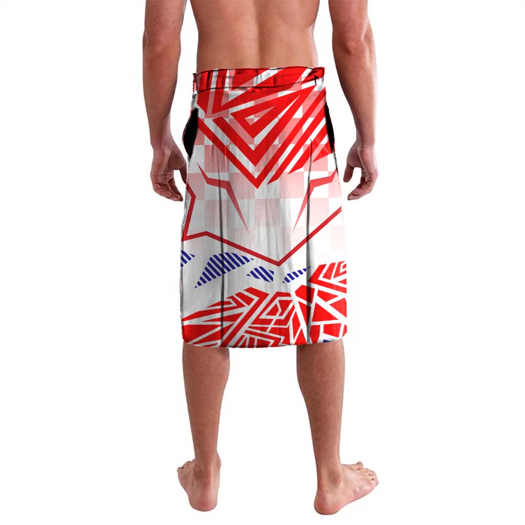 Graphic red white blue board shorts, knee-length with elastic waist