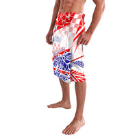 Croatia-themed graphic board shorts in red white blue, side view