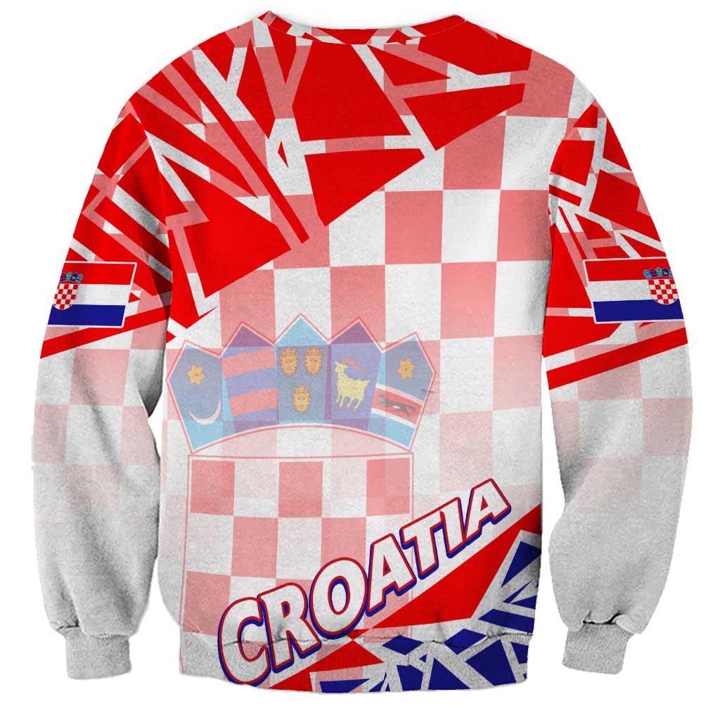 Croatia graphic sweatshirt, back view, red and white geometric flag and crest print