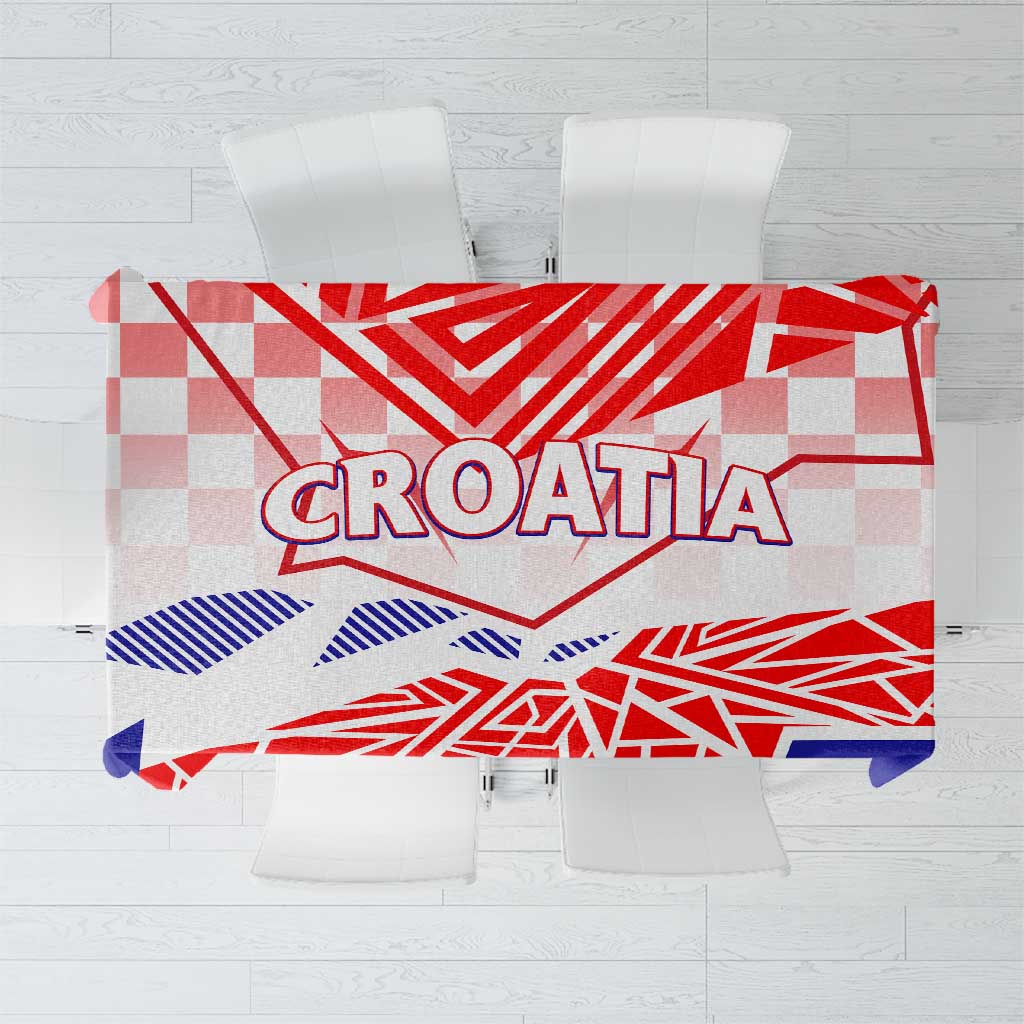 Croatia themed tablecloth with red, white, and blue checkerboard and bold CROATIA print