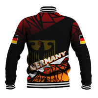 Back of red and black baseball jacket with Germany text, eagle emblem, striped hem