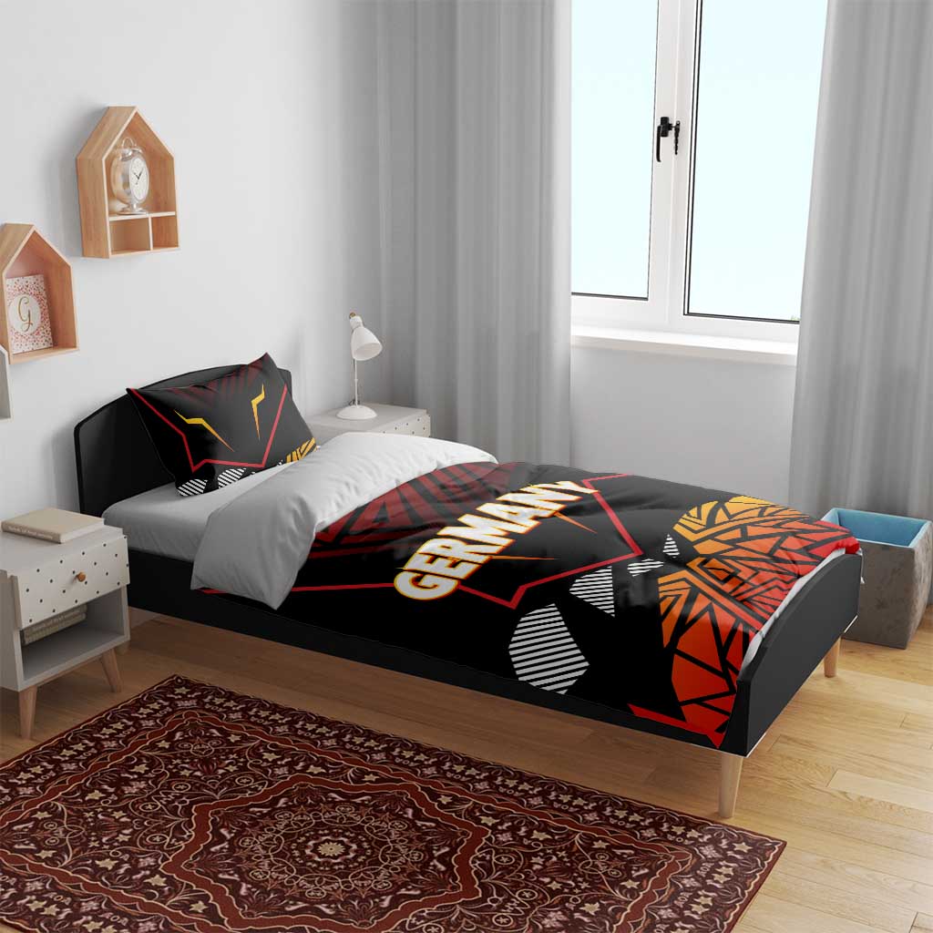 Germany eagle bedding set in bedroom, black duvet with red and yellow geometric pattern