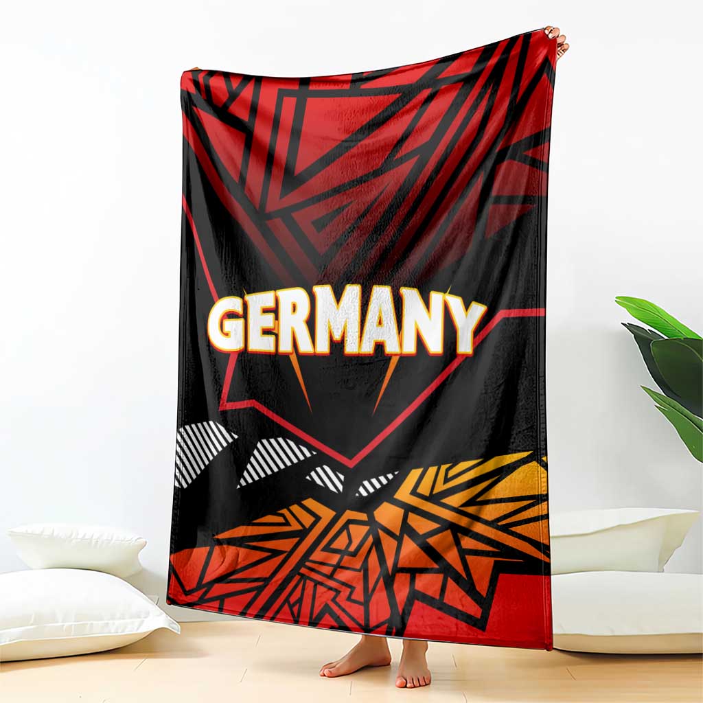 Black, red, and orange Germany graphic blanket with geometric stripe pattern