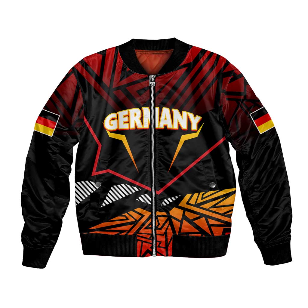Unisex red and black bomber jacket with front zip, Germany eagle graphic and sleeve flag patch
