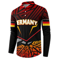 Red and black button sweatshirt with large Germany text, eagle, and geometric artwork