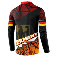 Back of red and black button sweatshirt with eagle emblem, Germany text, and flag stripes