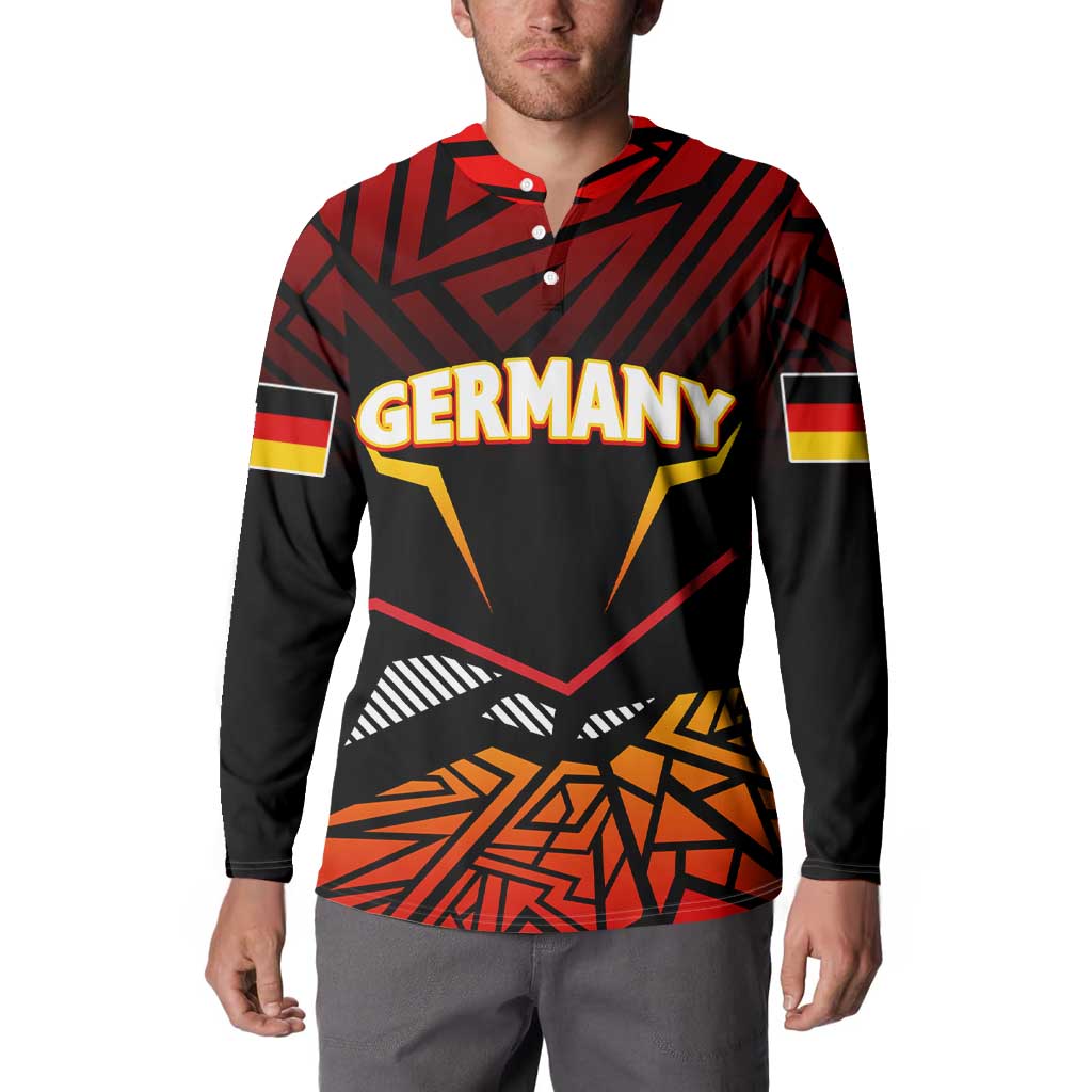 Red and black button sweatshirt with Germany graphic, eagle, and yellow-orange geometric design