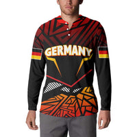 Red and black button sweatshirt with Germany graphic, eagle, and yellow-orange geometric design