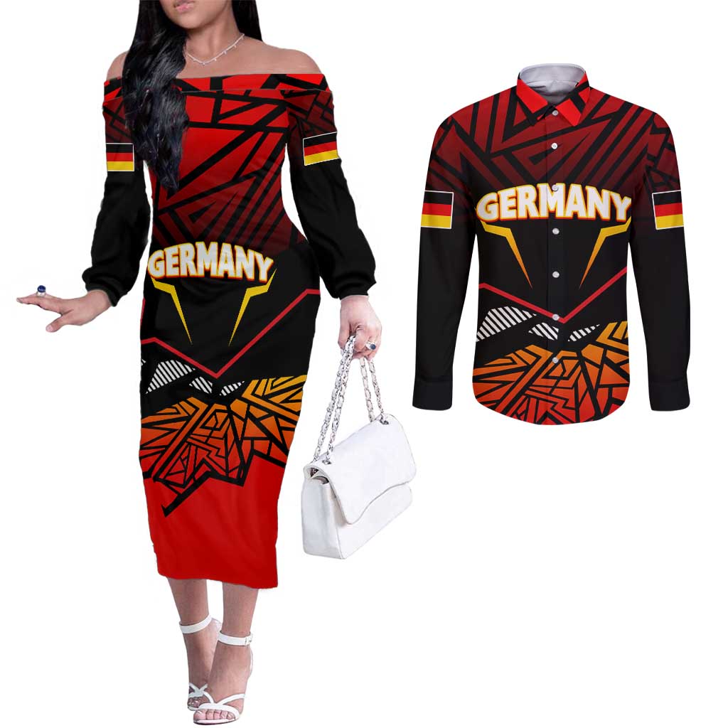 Forever Germany Couples Matching Off The Shoulder Long Sleeve Dress and Long Sleeve Button Shirt Deutschland Eagle