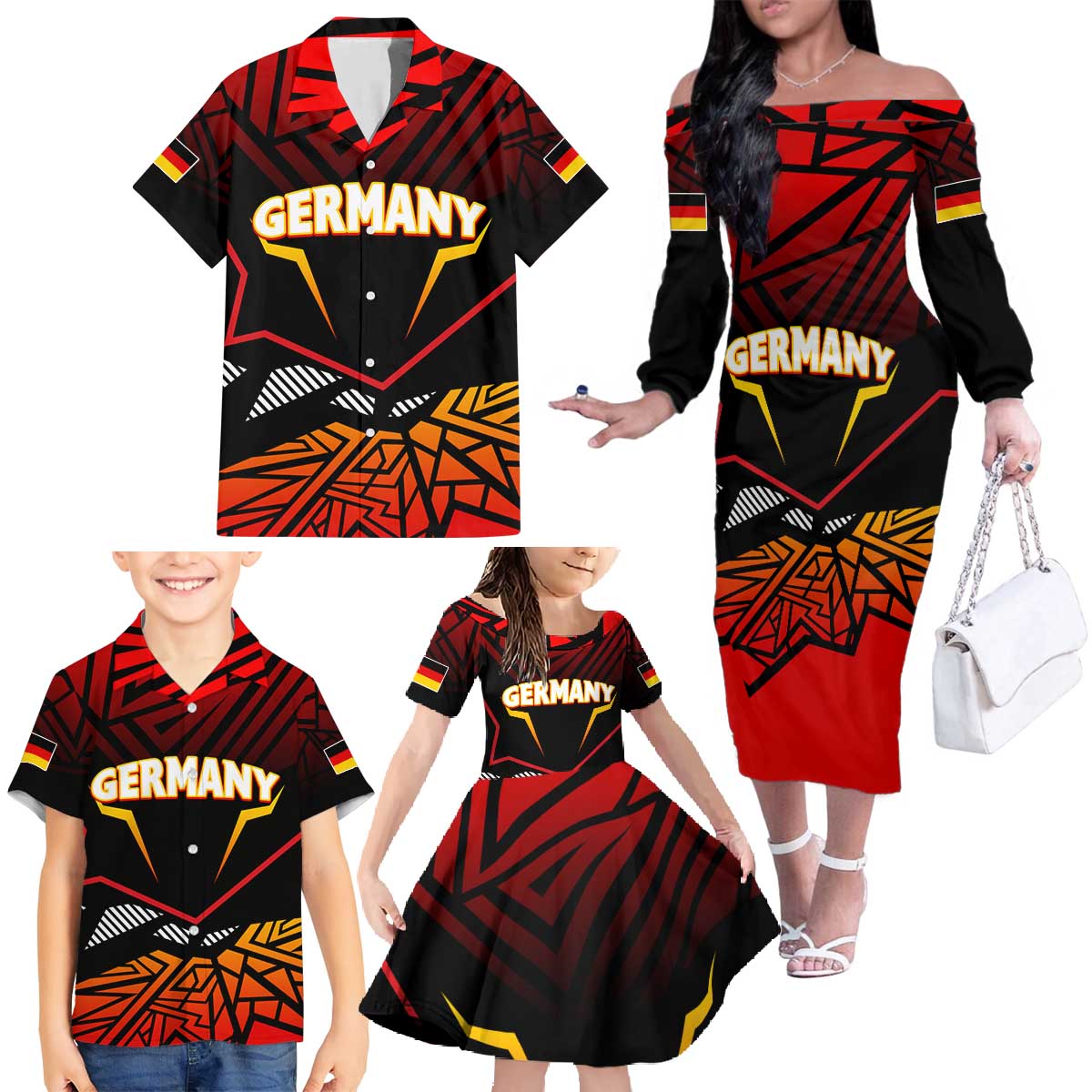 Forever Germany Family Matching Off The Shoulder Long Sleeve Dress and Hawaiian Shirt Deutschland Eagle - Wonder Print Shop