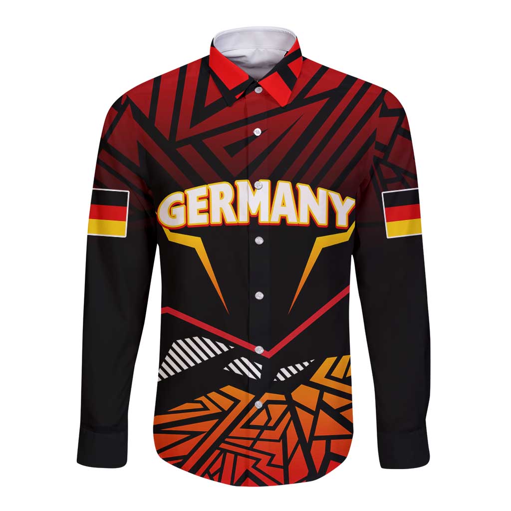 Red and black long-sleeve button shirt with Germany graphic and eagle on front