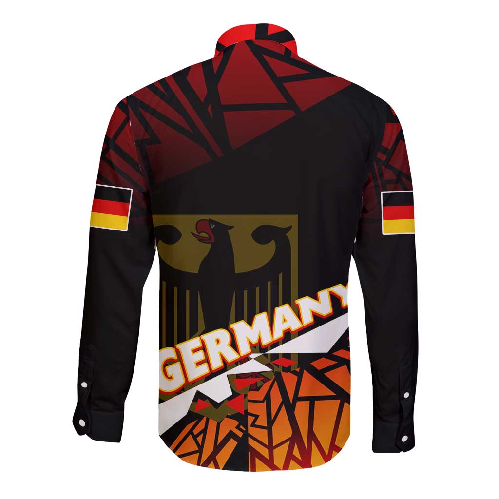 Red and black long-sleeve button shirt with Germany graphic on back, long sleeves
