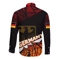 Red and black long-sleeve button shirt with Germany graphic on back, long sleeves