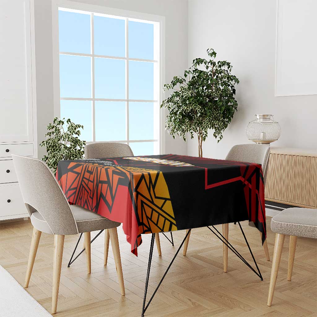 Red, black, and yellow geometric tablecloth with Germany graphic