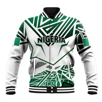 Green and white baseball jacket with Nigeria graphic, striped rib collar and snap buttons