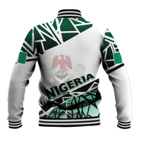 Back view green/white baseball jacket with Nigeria text, crest emblem, striped rib cuffs
