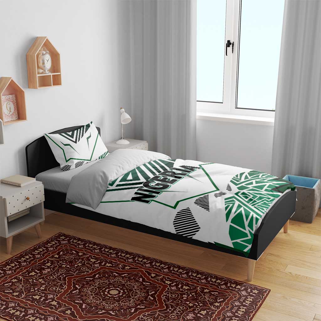 Nigeria bedding set with white, green and black geometric flag print and "NIGERIA" text.