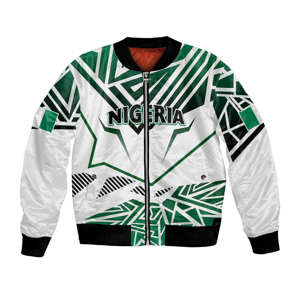 Unisex bomber jacket with green-and-white Nigeria graphic, front zip, ribbed cuffs