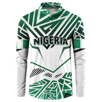 Green and white Nigeria flag button sweatshirt with bold chest graphic and collar.
