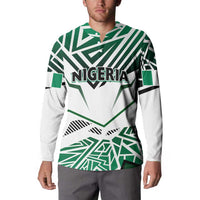 Green and white Nigeria flag button sweatshirt on model, front chest graphic and stripes.
