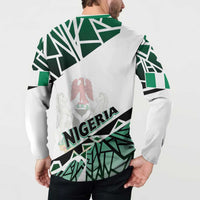 Green and white Nigeria flag button sweatshirt on model, back graphic with emblem and Nigeria text.