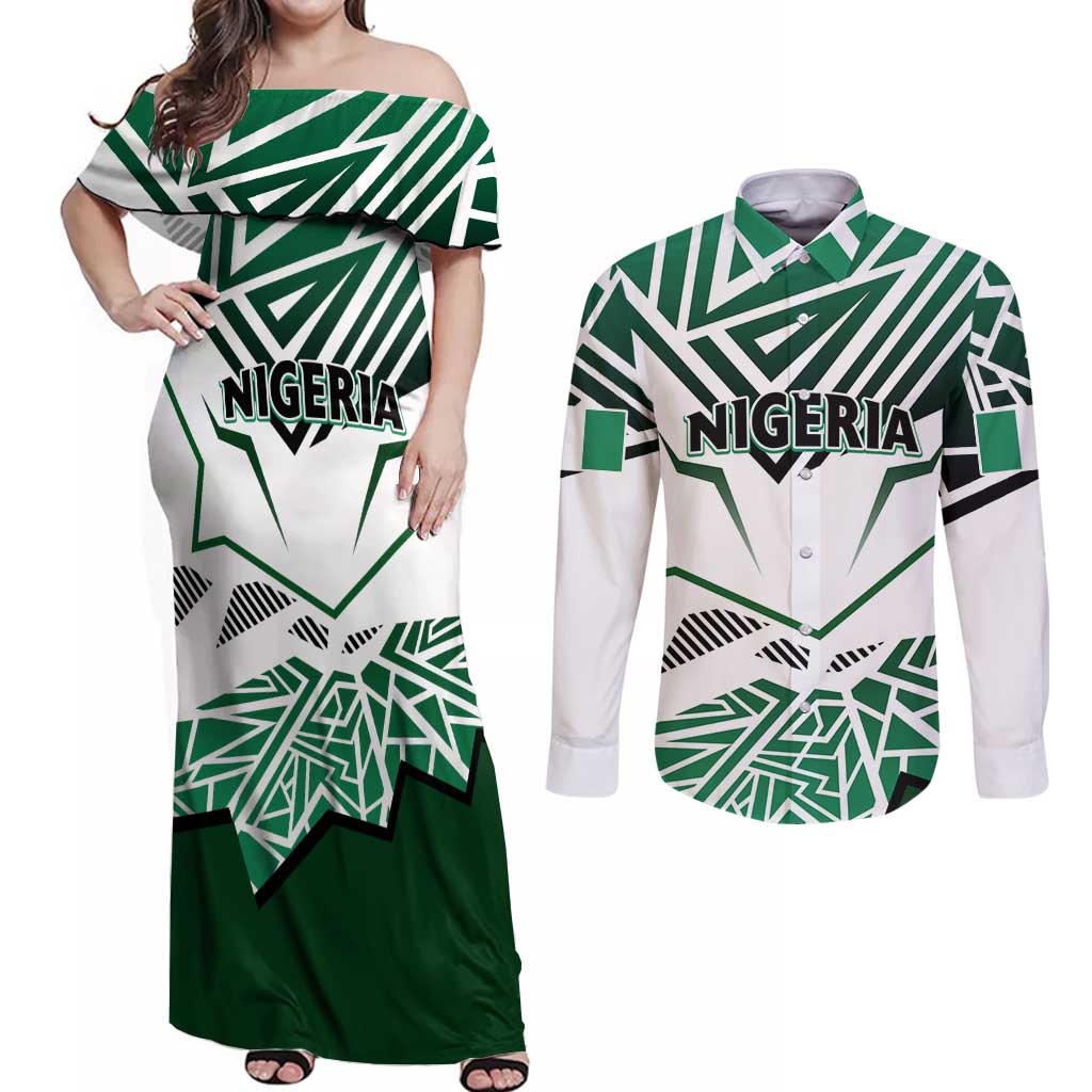 Forever Nigeria Couples Matching Off Shoulder Maxi Dress and Long Sleeve Button Shirt Nigerian Flag - Wonder Print Shop