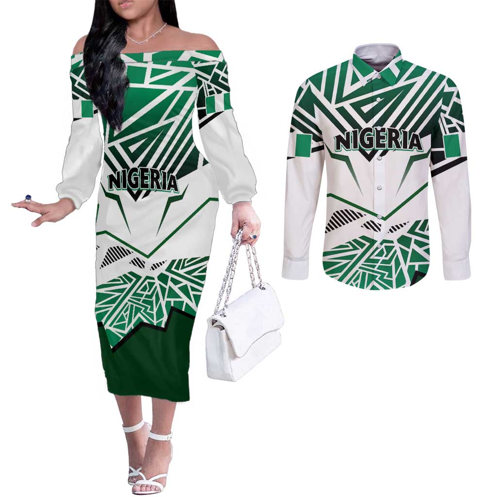 Forever Nigeria Couples Matching Off The Shoulder Long Sleeve Dress and Long Sleeve Button Shirt Nigerian Flag