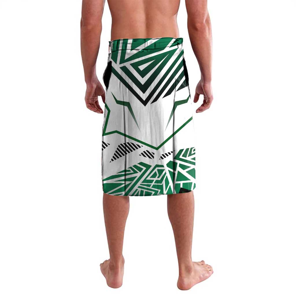 Green and white Nigerian flag print lavalava wrap skirt, side view with geometric design