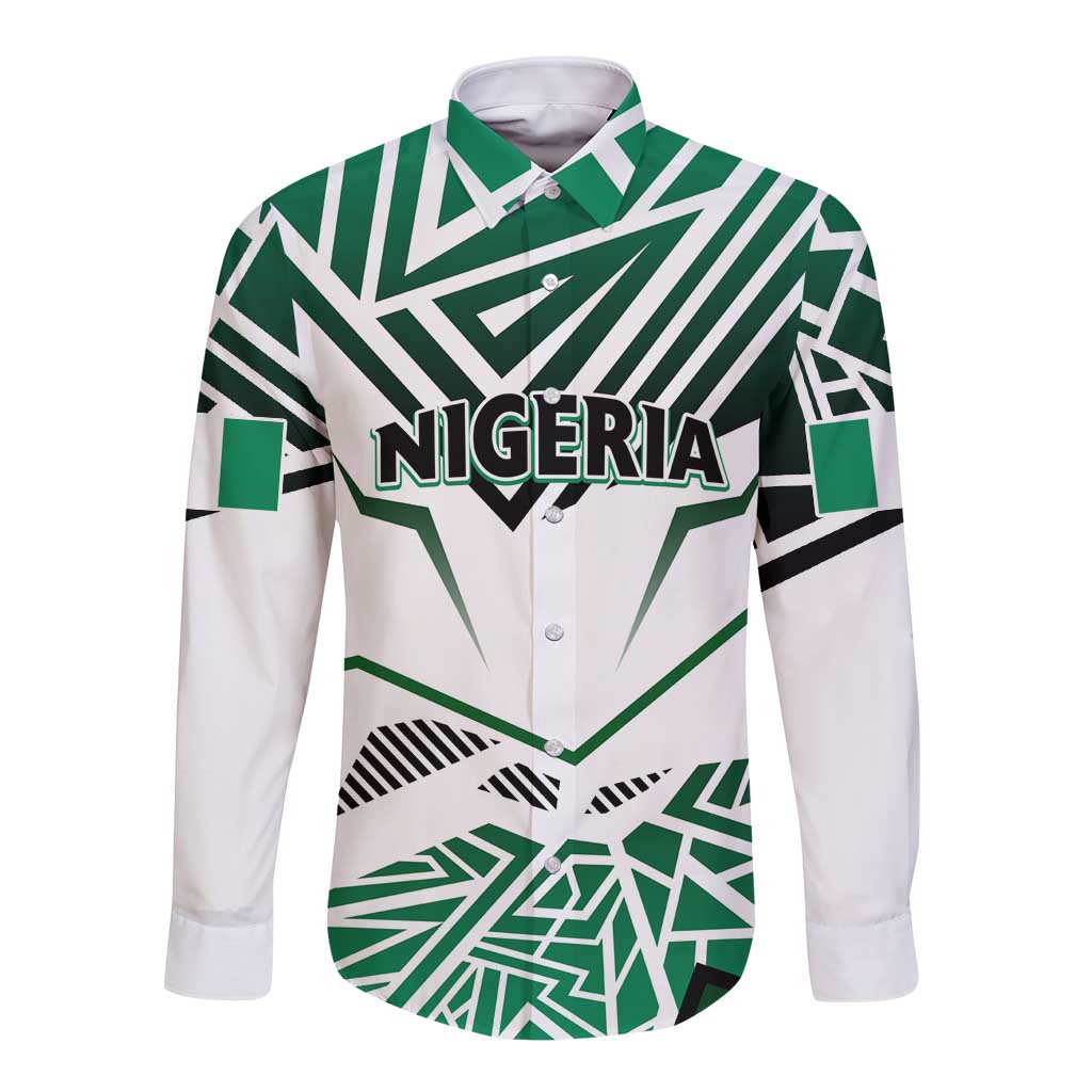 Long-sleeve button shirt in green and white with Nigeria text and geometric pattern