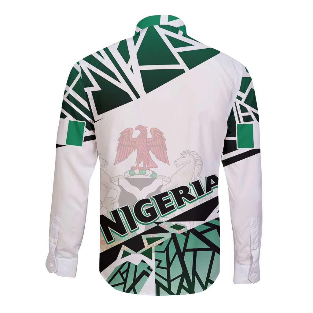 Long-sleeve button shirt back view with Nigeria text, eagle emblem, green and white pattern