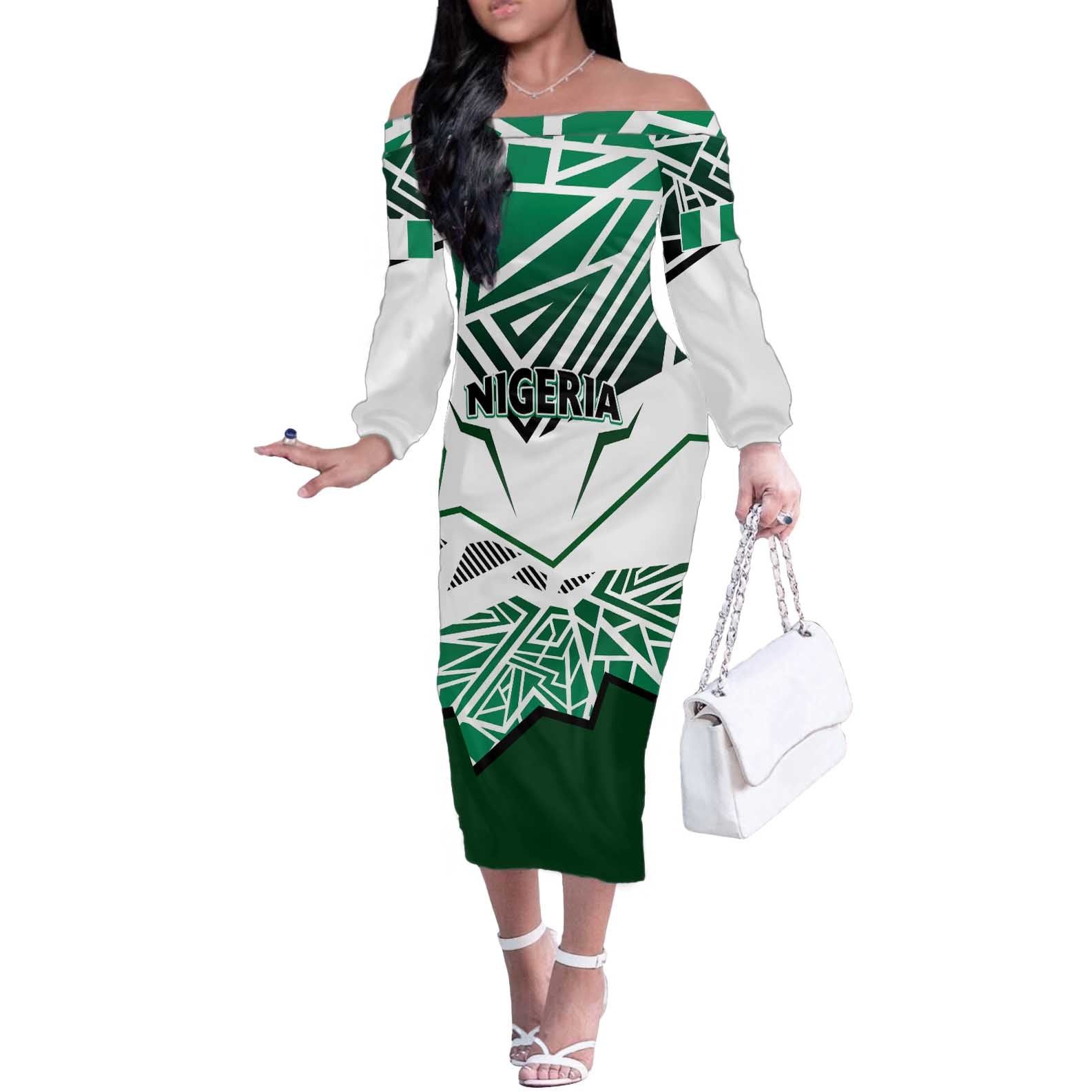 Forever Nigeria Off The Shoulder Long Sleeve Dress Nigerian Flag - Wonder Print Shop