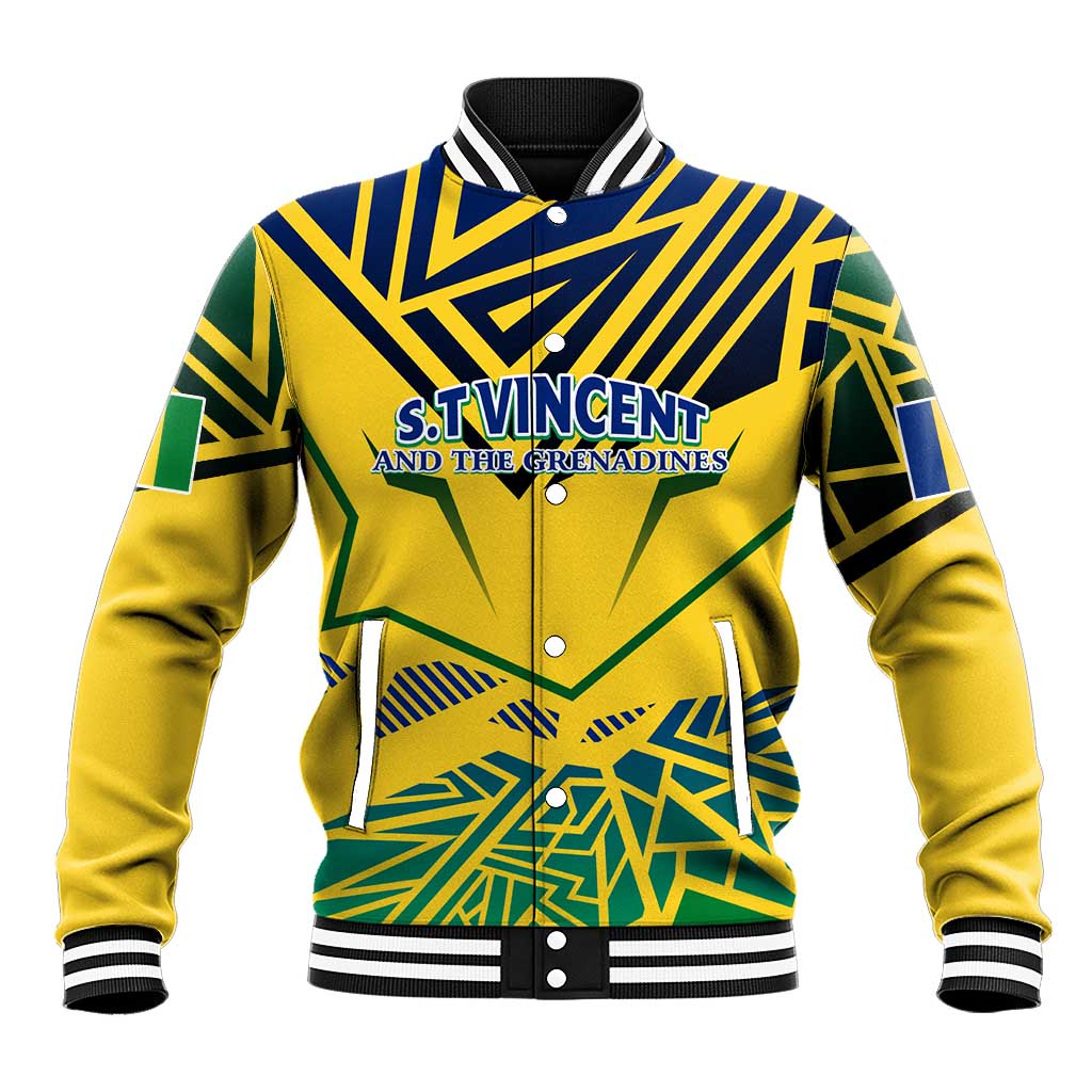 Unisex yellow baseball jacket with green and blue graphic, striped collar and cuffs