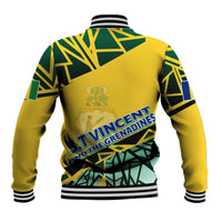 Unisex yellow baseball jacket with large back graphic, striped ribbed collar and cuffs
