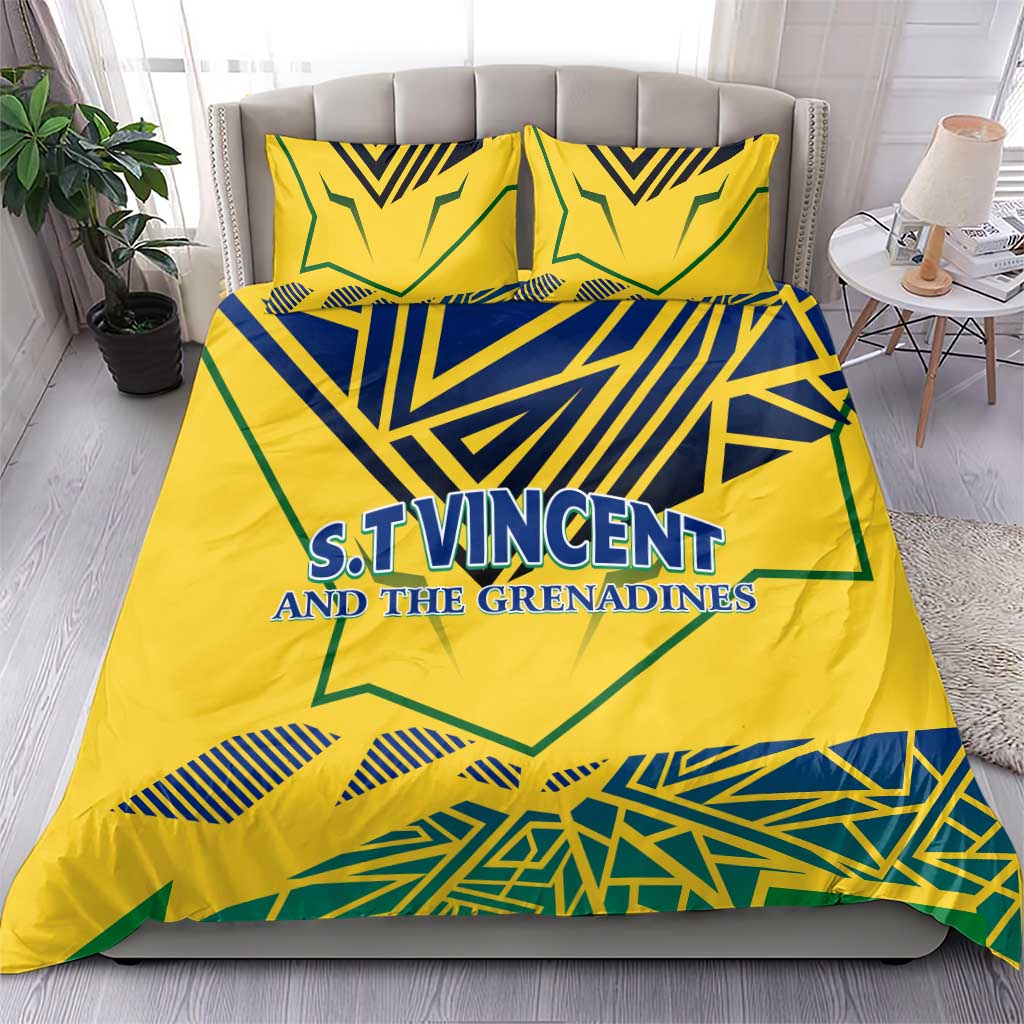 Yellow duvet cover with two matching pillowcases featuring blue-green emblem and text design.