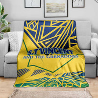 Yellow throw blanket with blue and green geometric print and 'S.T.Vincent and the Grenadines'
