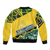 Yellow bomber jacket back view with large S.T. Vincent and the Grenadines graphic, ribbed hem