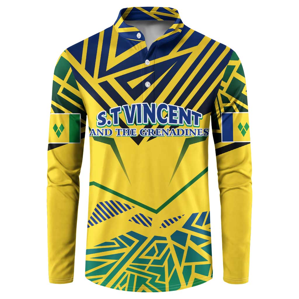 Yellow button-up sweatshirt with collar and St Vincent graphic front