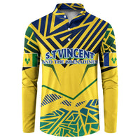 Yellow button-up sweatshirt with collar and St Vincent graphic front