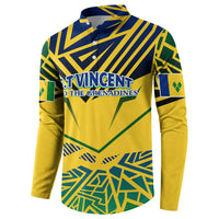 Yellow button-up sweatshirt with navy-and-green geometric flag pattern back