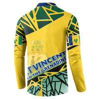 Yellow button-up sweatshirt with back crest and navy-green geometric design
