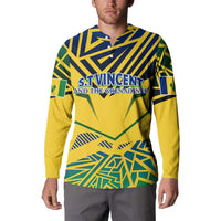 Yellow button-up sweatshirt with collar, long sleeves, and St Vincent front graphic